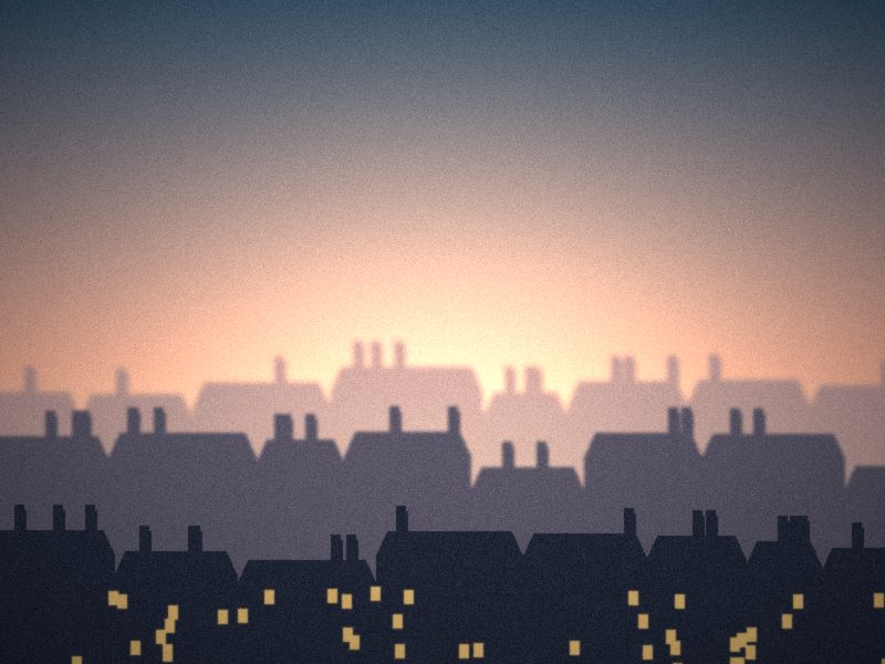 Toits en zinc et cheminées d’une ville européenne au crépuscule, fenêtres éclairées